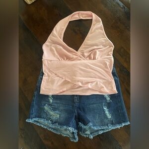 SHEIN Light Pink Halter Wrap Crop Top